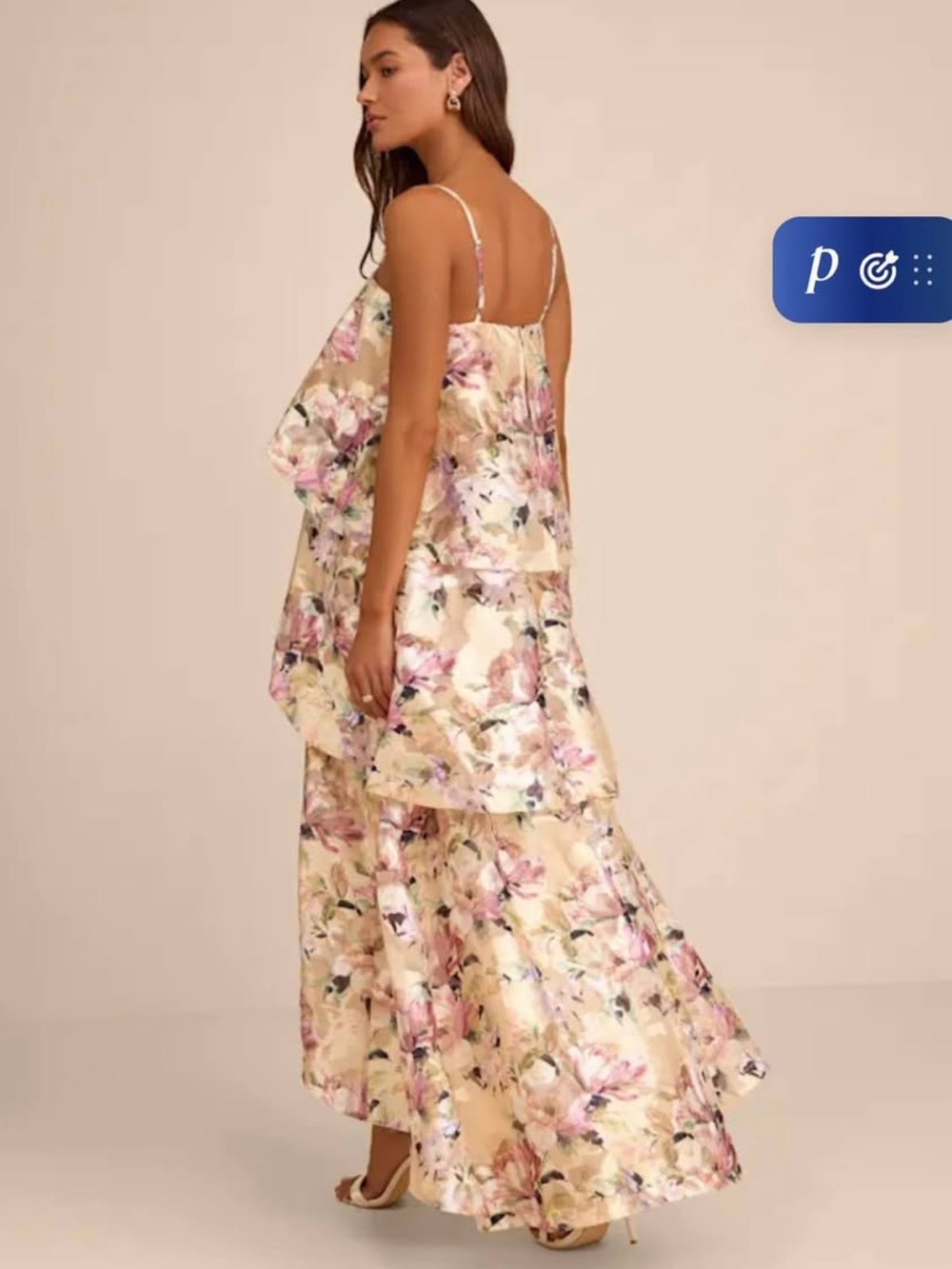Lulu's Cream Floral Tiered Maxi Dress with Pink Accents
